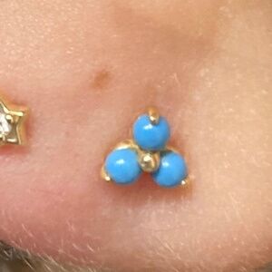 Set 14k turquoise trinity lotus triple bead threaded piercing stud earrings